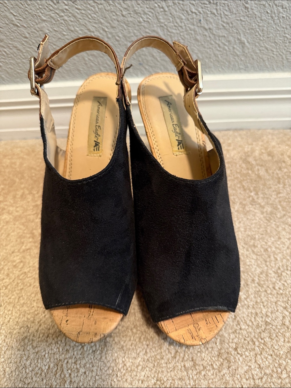 American Eagle Outfitters Black Suede Open-Toe Cork Wedge Sandals